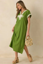 Women's You Know the Feeling Matcha Green Embroidered V-Neck Maxi Dress | 60% Viscose & 40% Linen 2