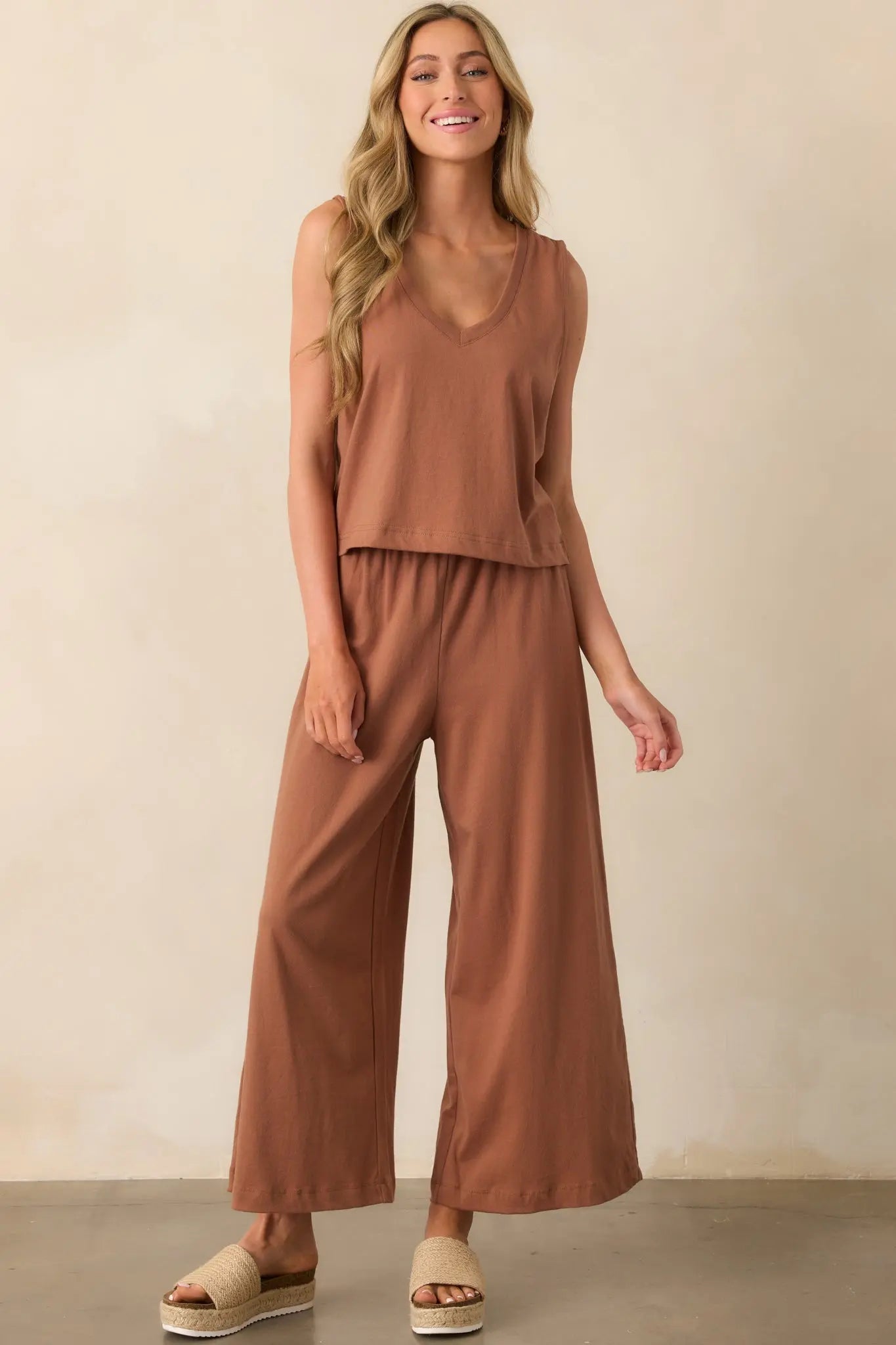 Women's brown cotton jersey pants, relaxed casual trousers - back view