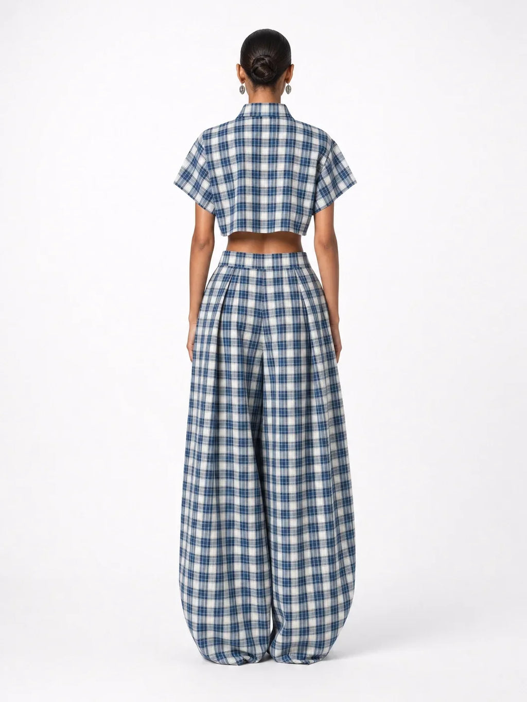 Blue & White Plaid Two-Piece Set — Crop Top & Wide-Leg Pants
