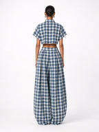 Blue & White Plaid Two-Piece Set — Crop Top & Wide-Leg Pants