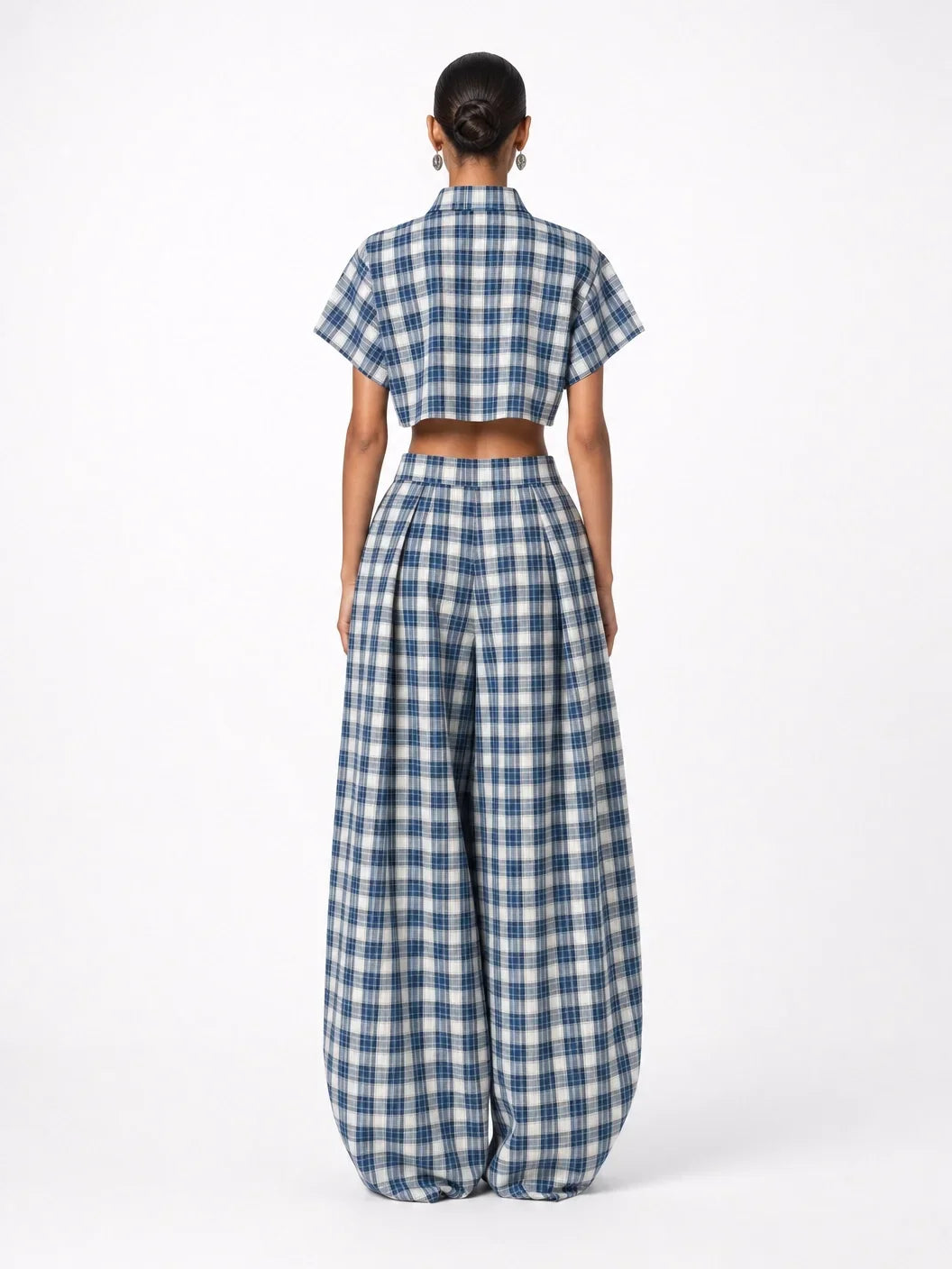 Blue & White Plaid Two-Piece Set — Crop Top & Wide-Leg Pants