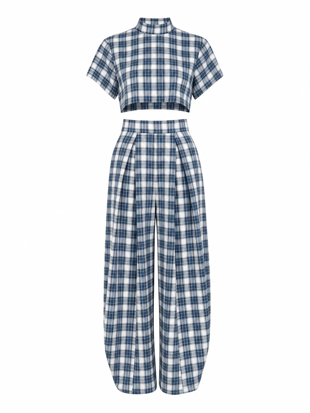 Blue & White Plaid Two-Piece Set — Crop Top & Wide-Leg Pants