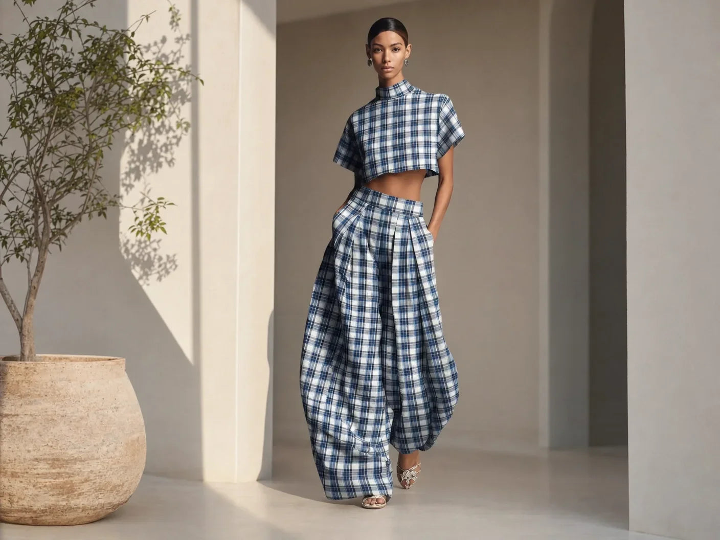 Blue & White Plaid Two-Piece Set — Crop Top & Wide-Leg Pants