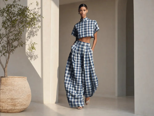 Blue & White Plaid Two-Piece Set — Crop Top & Wide-Leg Pants