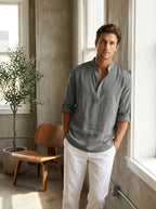 Male model wearing the lightweight breathable linen popover shirt