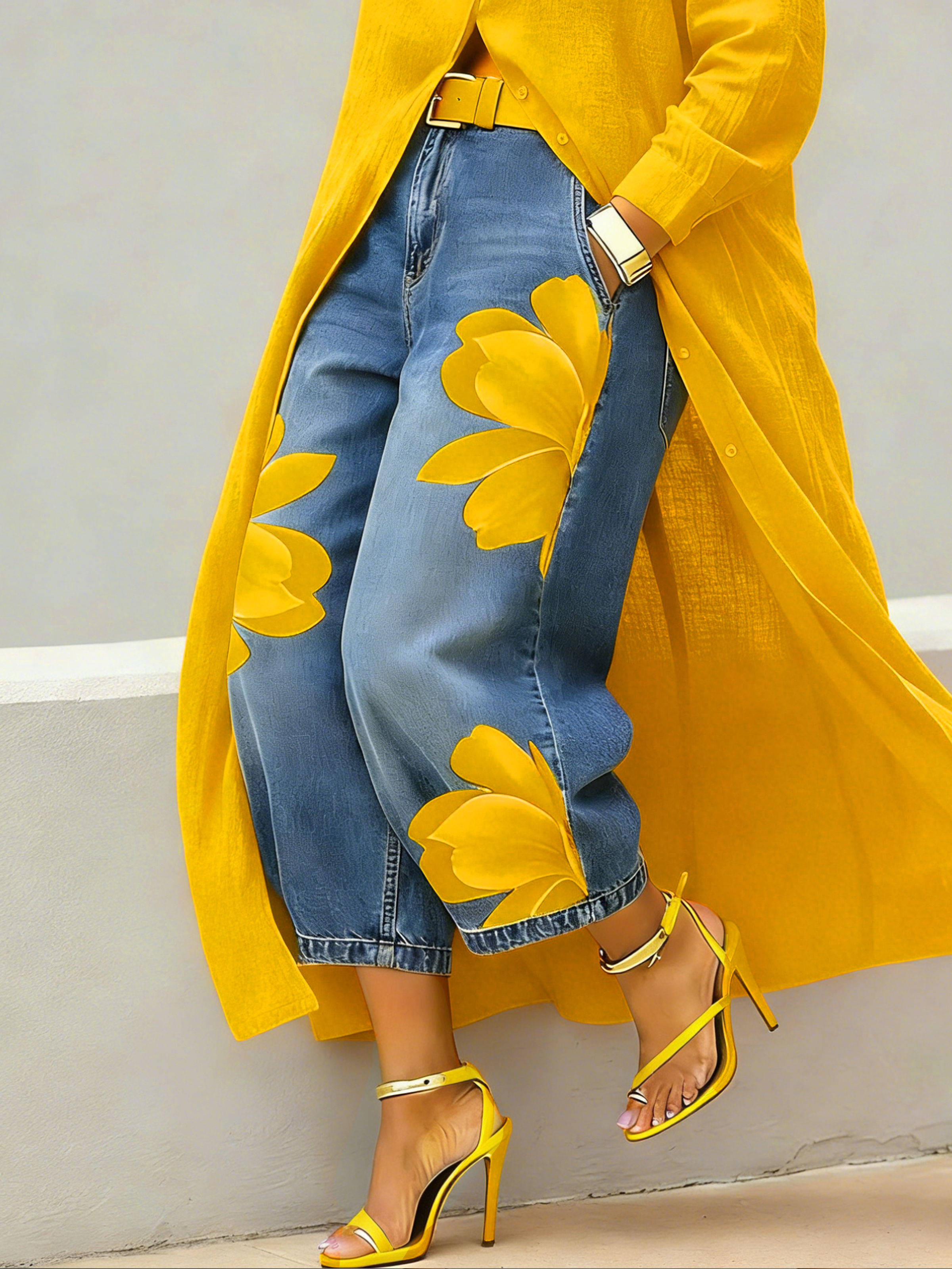 Floral-print high-waist wide-leg jeans Yellow