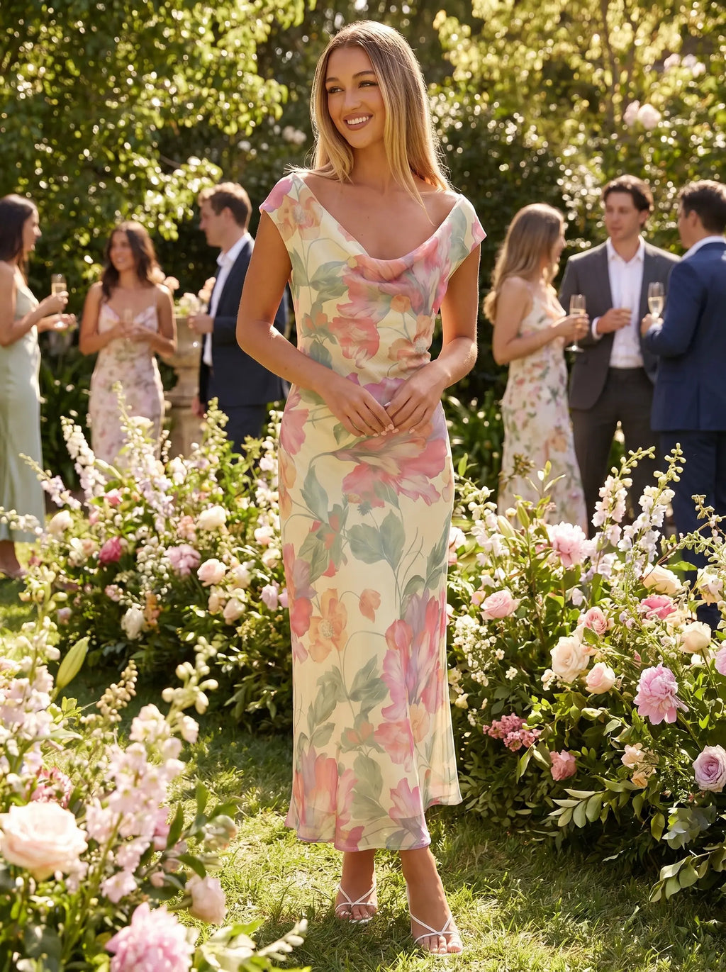 Model wearing the yellow & pink floral back-tie maxi dress at a garden party