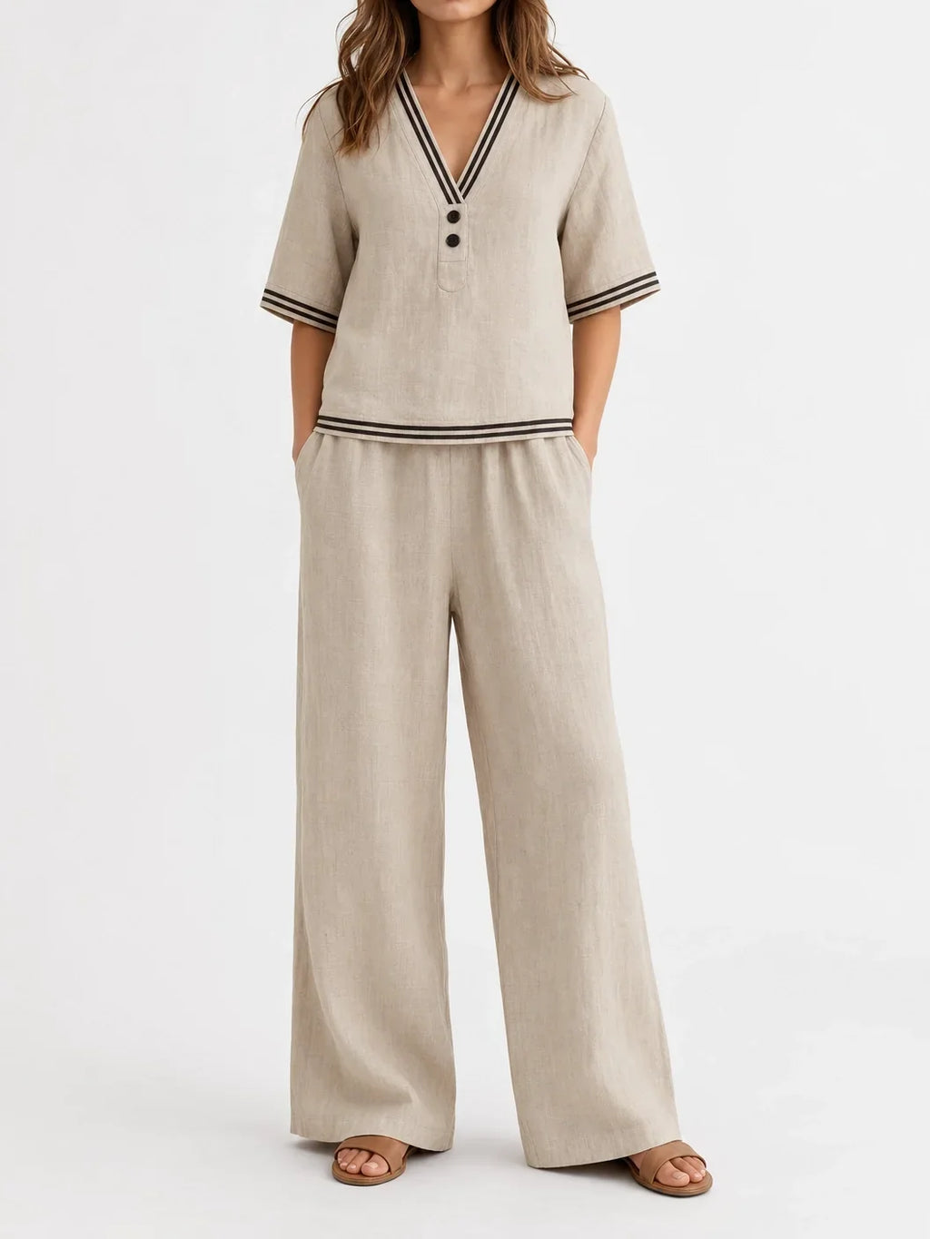 Women's linen two-piece set with V-neck loose top and wide-leg pants, front view