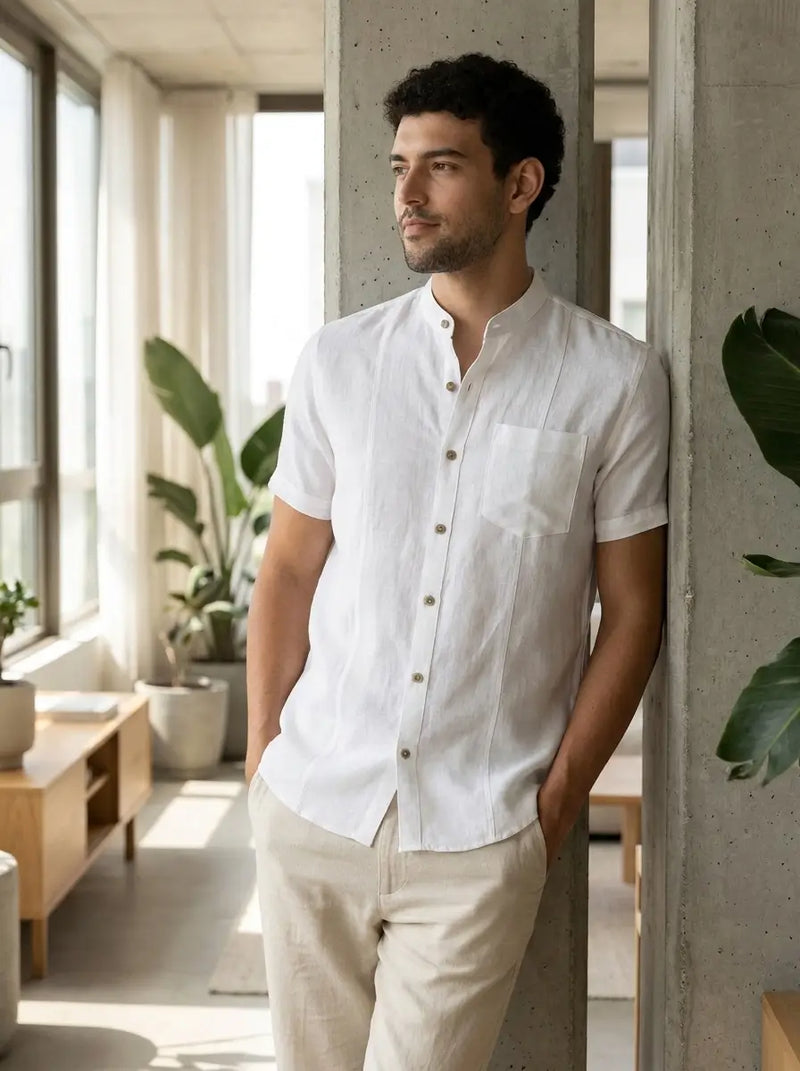 Male model wearing men's white mandarin collar linen shirt