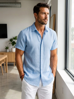 Male model wearing the classic short-sleeve comfort-stretch shirt