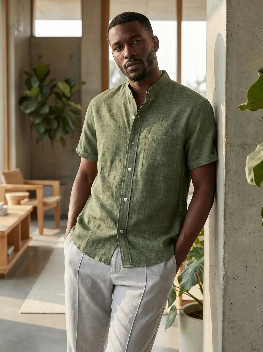 Male model wearing the Men's Classic Linen Button-Up Shirt