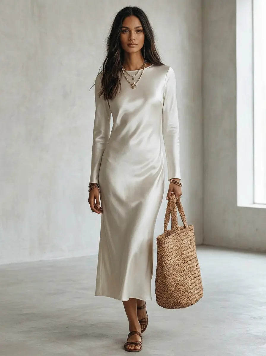 Model wearing white satin long-sleeve midi dress