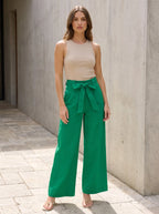 Model wearing Emerald Green Tie-Belt Wide-Leg Cotton Pants