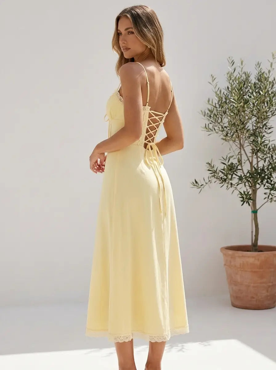 Model wearing Women's Lace-Up A-Line Sleeveless Slip Dress
