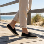 Woman wearing Starut women's slip-on jute espadrille sandals outdoors in summer