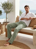 Male model wearing breathable linen-blend men's lounge pants with elastic drawstring waist