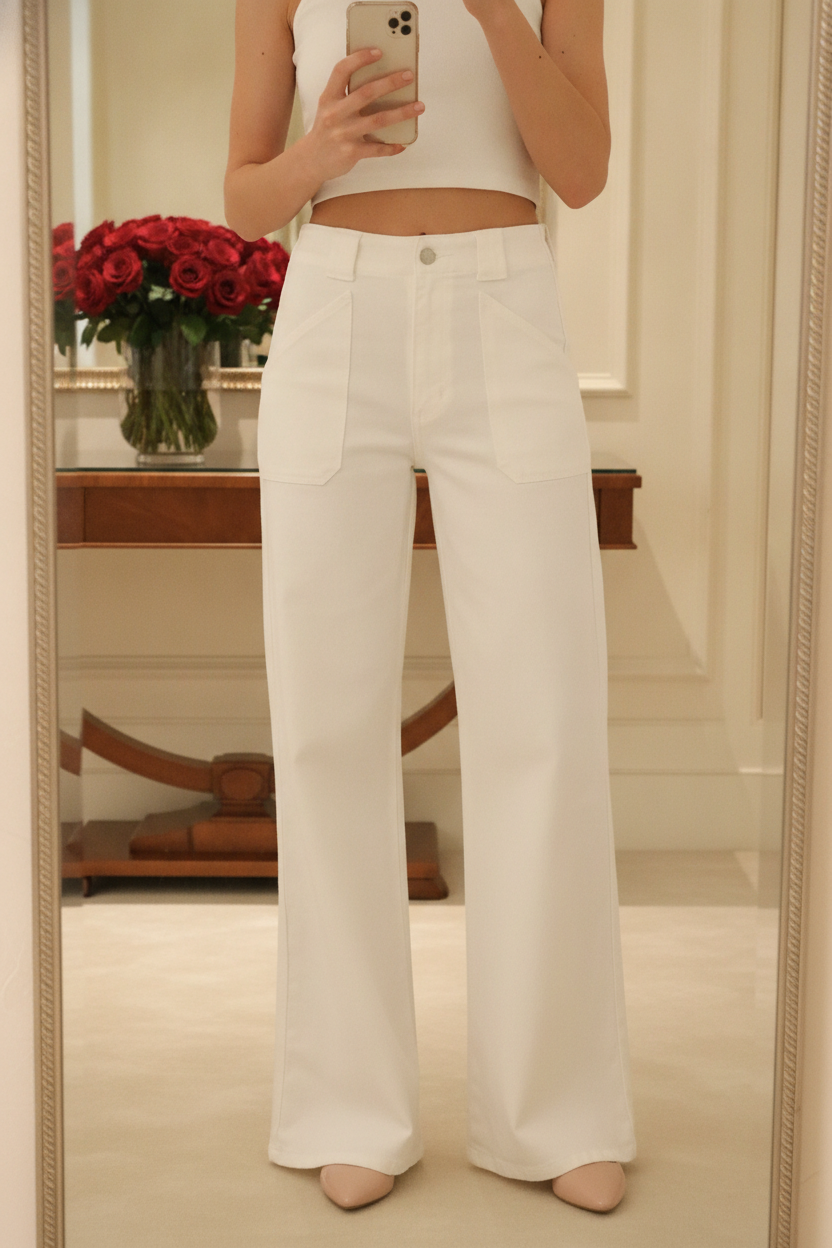 White wide-leg jeans mirror outfit view