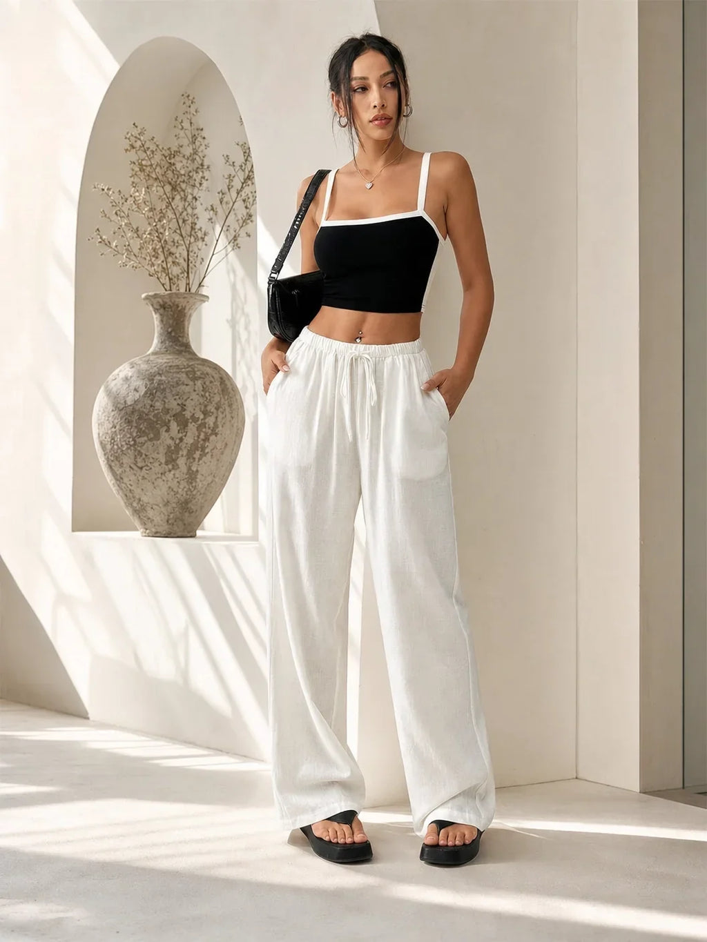 Women's Wide-Leg Linen Pants – Casual Loose Straight-Leg Summer...
